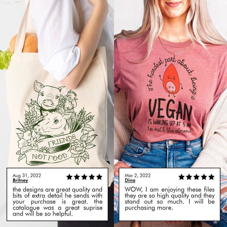 May include: Two tote bags with different designs. The first bag has a green and white design with three pigs and the text "FRIENDS NOT FOOD". The second bag has a pink design with a cartoon avocado and the text "The hardest part about being a VEGAN is waking up at 5 am to milk the almond".