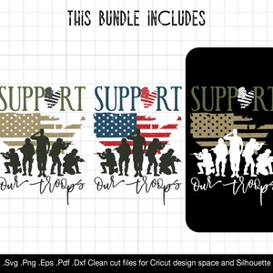 May include: Support our troops graphic design with a distressed American flag and silhouette of soldiers. The text "Support Our Troops" is displayed in green with a red heart in the middle of the word "Support".