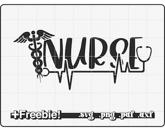 May include: Black and white graphic design of the word "NURSE" with a stylized caduceus and a stethoscope. The word "NURSE" is in a bold, handwritten font. A heartbeat line is below the word. The text "Freebie!" and file types are below the graphic.