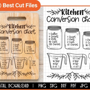 May include: A printable kitchen conversion chart with a woodgrain background. The chart shows conversions for gallons, quarts, pints, cups, and ounces. It also includes conversions for cups, tablespoons, teaspoons, and ounces.
