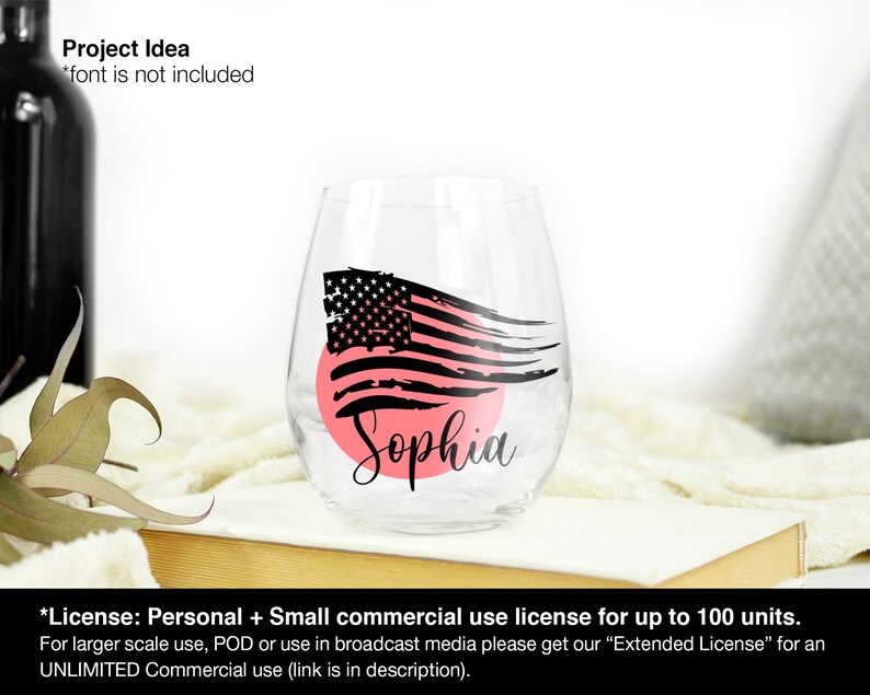 Pode incluir: Uma ta&ccedil;a de vinho de vidro transparente com um c&iacute;rculo rosa e um desenho de bandeira americana em preto e branco. O nome "Sophia" est&aacute; escrito em letra preta dentro do c&iacute;rculo rosa.