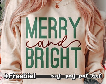 Merry And Bright Svg Png, Retro świąteczna koszulka svg, Słowa świąteczne svg, Wesołych Świąt Svg, Mama świąteczna svg, Sublimacja świąteczna
