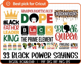 May include: A digital download of 33 black power sayings in various colors and fonts. The sayings include "Black Father Leader King", "Black Mother Queen", "Black Daughter Future Leader", "Black Son Future Leader", "Unapologetically Dope", "Blacknificent", "Block Queen", "LLVE", "Do It For The Culture", "Feeling Blacknificent", "Black Beautiful", and "The Prime Element".