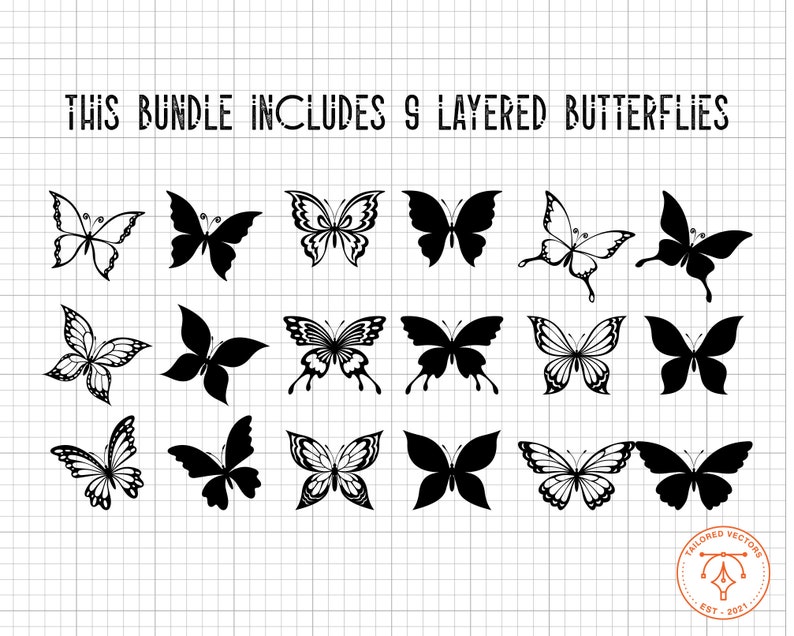 May include: A set of nine layered butterfly illustrations in black. The butterflies are in various positions and have different wing shapes. The text "This bundle includes 9 layered butterflies" is at the top of the image.
