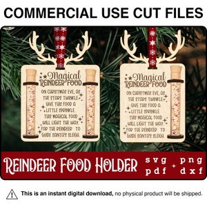 May include: A wooden reindeer food holder ornament with a clear glass vial filled with colorful sprinkles. The ornament features the text "Magical Reindeer Food" and a poem about how the food will guide Santa's sleigh on Christmas Eve.