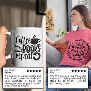 May include: Two product mockups featuring a pink t-shirt and a white mug with a black graphic design. The t-shirt design says "Drink Tea Read Books Be Happy" with a stylized image of a cup of tea, books, and glasses. The mug design says "Coffee Books Repeat" with a stylized image of a cup of coffee, books, and glasses. Both designs feature a heart motif.