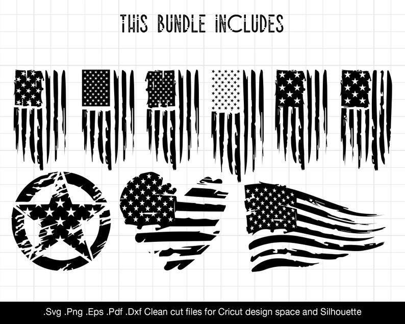 Pode incluir: Um download digital de 10 designs de bandeiras americanas desgastadas. Este pacote inclui uma estrela, um cora&ccedil;&atilde;o e v&aacute;rias formas de bandeiras. Os designs s&atilde;o perfeitos para projetos de artesanato, scrapbooking e muito mais.