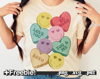 Conversation hearts SVG PNG, Candy heart svg, valentines day svg, Retro Valentine svg, smiley face svg, love png, valentines day shirt girls