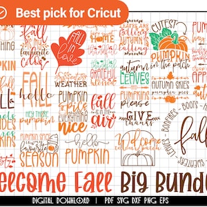 May include: A digital download of 25 fall-themed SVG cut files. The designs feature various fall-related phrases and images, including pumpkins, leaves, and bonfires. The text "Welcome Fall Big Bundle" is displayed at the bottom of the image.
