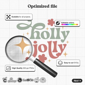May include: A digital design featuring the text "holly jolly" in a retro style with green and pink lettering. The design includes stars and flowers in a light green, pink, and gold colour scheme. The design is suitable for use in crafting projects, such as creating greeting cards, gift tags, or home decor.