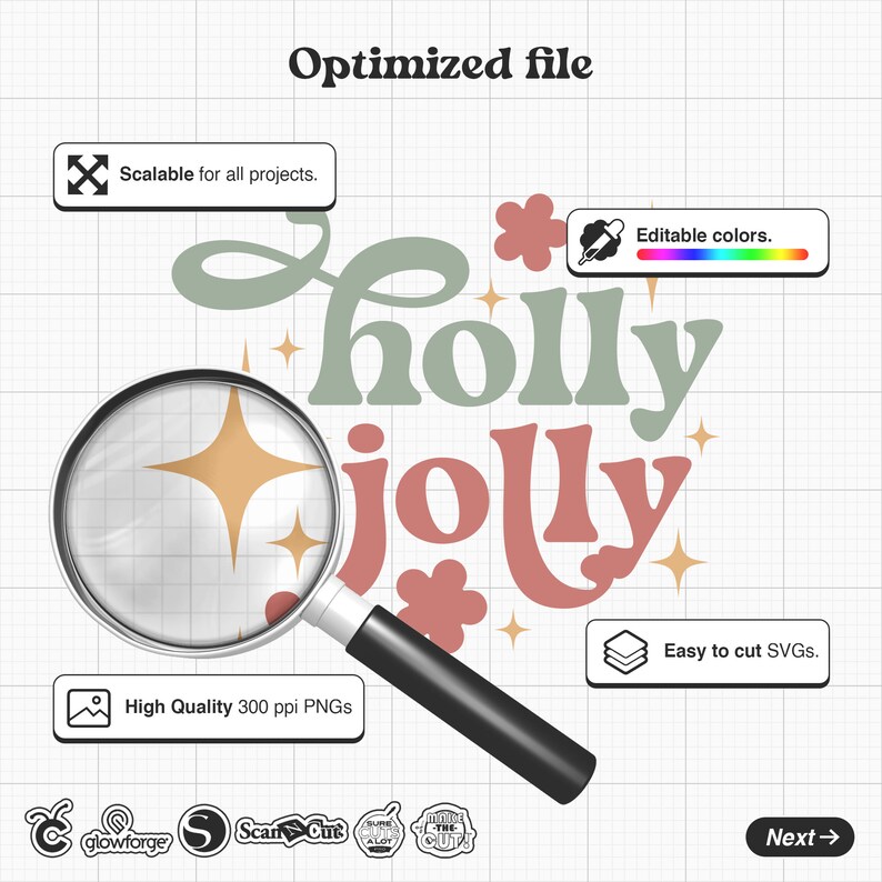 May include: A digital design featuring the text "holly jolly" in a retro style with green and pink lettering. The design includes stars and flowers in a light green, pink, and gold colour scheme. The design is suitable for use in crafting projects, such as creating greeting cards, gift tags, or home decor.
