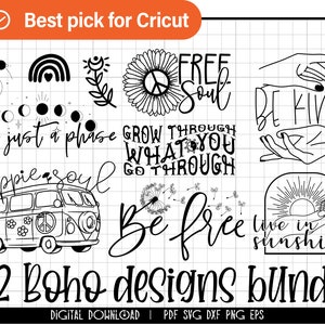 32 Paquete Boho SVG, boho arco iris svg, vida hippie svg, luna svg, alma hippie, citas inspiradoras, diente de león, png, dxf, cricut, silueta