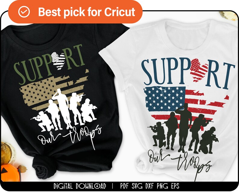 May include: Two t-shirt designs with the text "SUPPORT OUR TROOPS" in white. The design features a silhouette of soldiers standing in front of an American flag in the shape of a heart. One shirt is black with a green and tan flag, the other is white with a red, white, and blue flag.