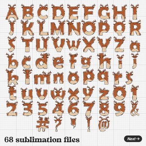K&ouml;nnte beinhalten: Ein Satz von 68 Sublimationsdateien mit einem braunen Rentier-Alphabet, Zahlen und Symbolen. Die Rentiere haben Geweihe und ein s&uuml;&szlig;es, cartoonartiges Aussehen.