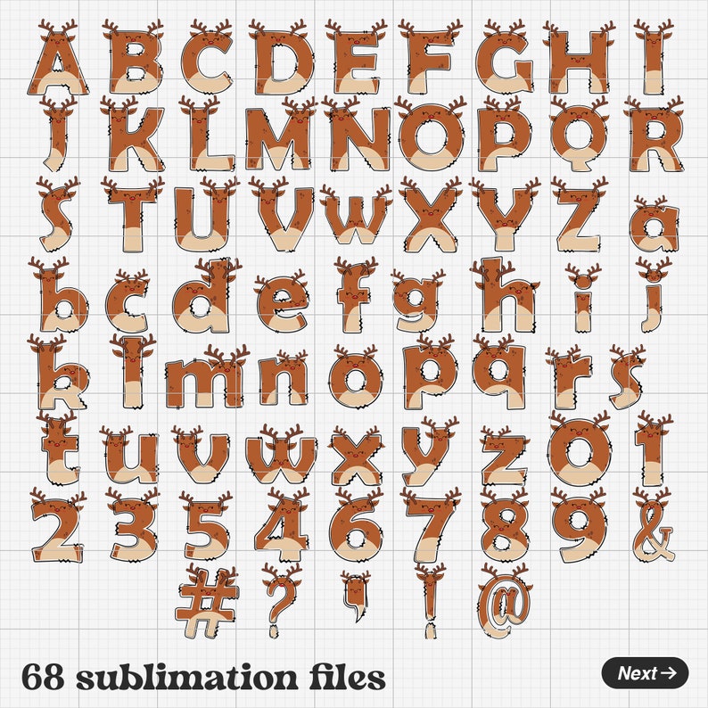 K&ouml;nnte beinhalten: Ein Satz von 68 Sublimationsdateien mit einem braunen Rentier-Alphabet, Zahlen und Symbolen. Die Rentiere haben Geweihe und ein s&uuml;&szlig;es, cartoonartiges Aussehen.