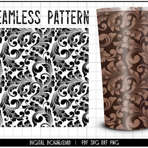 May include: A seamless pattern featuring a black and white floral design. The pattern is shown on a white background and on a brown tumbler.