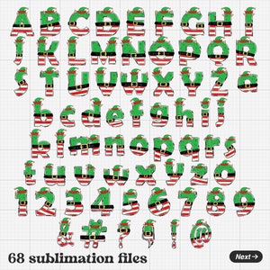 K&ouml;nnte beinhalten: Ein Satz von 68 Sublimationsdateien mit einem Alphabet, Zahlen und Symbolen in einem festlichen Elfen-Design. Die Buchstaben sind gr&uuml;n, rot und wei&szlig; mit schwarzem Umriss und schwarzem G&uuml;rtel. Die Zahlen sind gr&uuml;n, rot und wei&szlig; mit schwarzem Umriss. Die Symbole sind gr&uuml;n, rot und wei&szlig; mit schwarzem Umriss. Das Design beinhaltet eine gr&uuml;ne Elfenm&uuml;tze mit einem rot-wei&szlig; gestreiften Band.