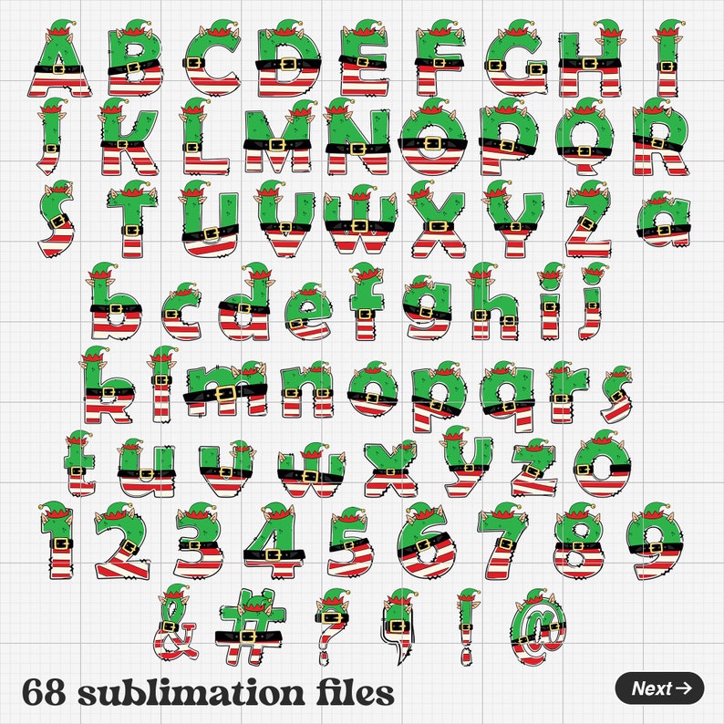 K&ouml;nnte beinhalten: Ein Satz von 68 Sublimationsdateien mit einem Alphabet, Zahlen und Symbolen in einem festlichen Elfen-Design. Die Buchstaben sind gr&uuml;n, rot und wei&szlig; mit schwarzem Umriss und schwarzem G&uuml;rtel. Die Zahlen sind gr&uuml;n, rot und wei&szlig; mit schwarzem Umriss. Die Symbole sind gr&uuml;n, rot und wei&szlig; mit schwarzem Umriss. Das Design beinhaltet eine gr&uuml;ne Elfenm&uuml;tze mit einem rot-wei&szlig; gestreiften Band.