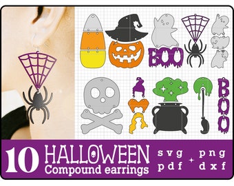 Pendientes de Halloween SVG Bundle, pendiente de cuero svg, plantilla de pendiente svg, pendientes de cuero svg, pendientes cortados con láser, Glowforge, dxf- png-pdf