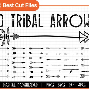 Op de afbeelding: Een digitale download van 60 tribale pijlontwerpen. De pijlen zijn zwart-wit en komen in verschillende stijlen. De tekst "60 TRIBAL ARROWS" staat bovenaan de afbeelding. De tekst "DIGITAL DOWNLOAD | PNG SVG DXF JPG EPS" staat onderaan de afbeelding.