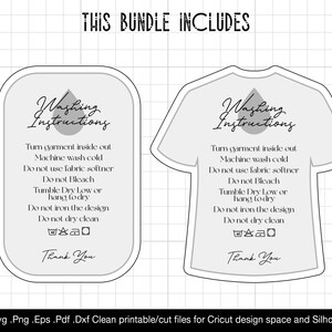May include: Two printable washing instructions tags. One is a square tag with rounded corners and the other is shaped like a t-shirt. Both tags are gray with black text and a water drop icon. The text reads "Washing Instructions" and includes instructions for washing, drying, and ironing. The text also says "Thank You".