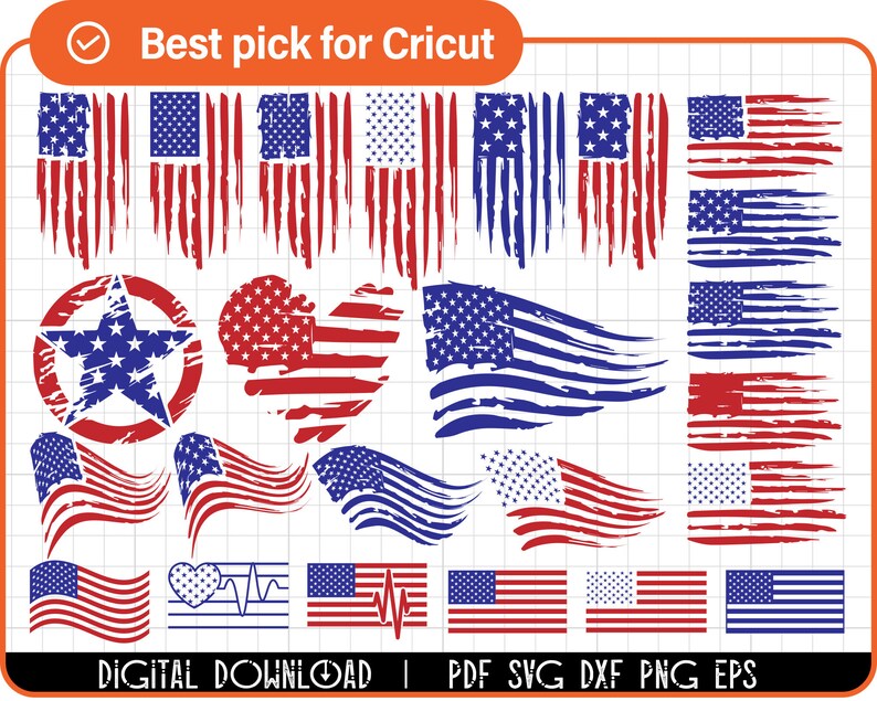 Pode incluir: Um download digital de 15 designs de bandeiras americanas desgastadas nos formatos SVG, DXF, PNG e EPS. Os designs incluem uma estrela, um cora&ccedil;&atilde;o e v&aacute;rias formas de bandeiras.