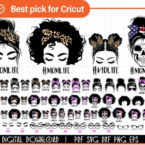 60 Panino disordinato svg Bundle, Momlife svg, mamma vita svg, bambino vita svg, donna nera svg, mamma e figlia svg, donna afro, mamma leopardo svg