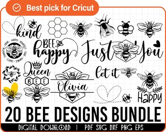 20 Bee svg bundle, bee kind svg, bee happy svg, bee trails svg, bees svg, bee sayings svg, bee quote svg, sublimation for silhouette cricut