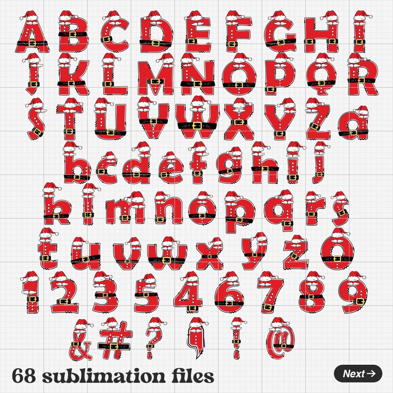 K&ouml;nnte beinhalten: Rote Buchstaben und Zahlen des Alphabets mit einem Santa-Hut- und G&uuml;rtel-Design. Die Buchstaben und Zahlen sind in einer fetten, blockartigen Schriftart. Der Text "68 Sublimationsdateien" befindet sich am unteren Rand des Bildes.