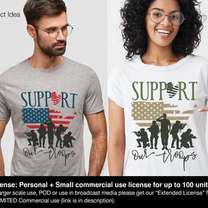 May include: Two t-shirts with a graphic design of a stylized American flag with a heart in the middle and the text "SUPPORT" above the flag.  The flag has five soldiers standing in front of it with the text "Our Troops" below the soldiers.  One t-shirt is grey and the other is white.