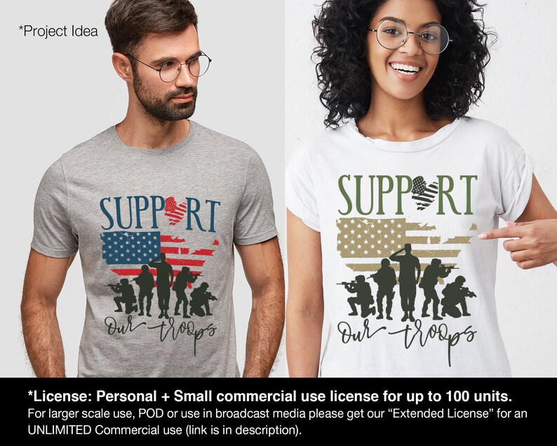 May include: Two t-shirts with a graphic design of a stylized American flag with a heart in the middle and the text "SUPPORT" above the flag.  The flag has five soldiers standing in front of it with the text "Our Troops" below the soldiers.  One t-shirt is grey and the other is white.