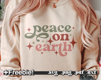Paz en la Tierra Svg Png Cricut, Retro Navidad Png, Camisa de Navidad svg, Palabras de Navidad svg, Diseño png de Navidad, Sublimación de Navidad