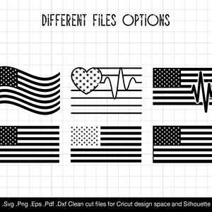 Pode incluir: Um conjunto de arquivos de design digital que apresenta diferentes varia&ccedil;&otilde;es de uma bandeira americana com um cora&ccedil;&atilde;o e uma linha de ECG. O texto "DIFFERENT FILES OPTIONS" est&aacute; na parte superior da imagem. O texto ".Svg .Png .Eps .Pdf .Dxf Clean cut files for Cricut design space and Silhouette" est&aacute; na parte inferior da imagem.