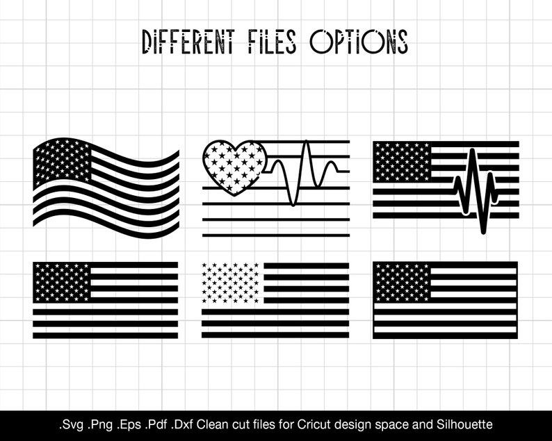 Pode incluir: Um conjunto de arquivos de design digital que apresenta diferentes varia&ccedil;&otilde;es de uma bandeira americana com um cora&ccedil;&atilde;o e uma linha de ECG. O texto "DIFFERENT FILES OPTIONS" est&aacute; na parte superior da imagem. O texto ".Svg .Png .Eps .Pdf .Dxf Clean cut files for Cricut design space and Silhouette" est&aacute; na parte inferior da imagem.