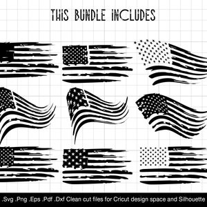 Pode incluir: Um conjunto de nove designs de bandeiras americanas desgastadas. As bandeiras est&atilde;o em v&aacute;rias posi&ccedil;&otilde;es, algumas acenam, outras est&atilde;o retas. As bandeiras s&atilde;o em preto e branco.