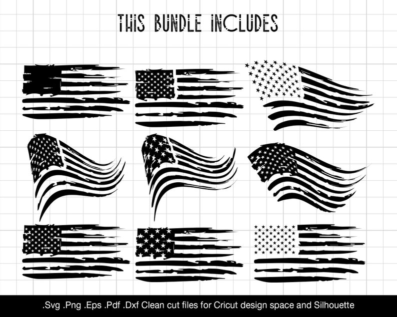 Pode incluir: Um conjunto de nove designs de bandeiras americanas desgastadas. As bandeiras est&atilde;o em v&aacute;rias posi&ccedil;&otilde;es, algumas acenam, outras est&atilde;o retas. As bandeiras s&atilde;o em preto e branco.
