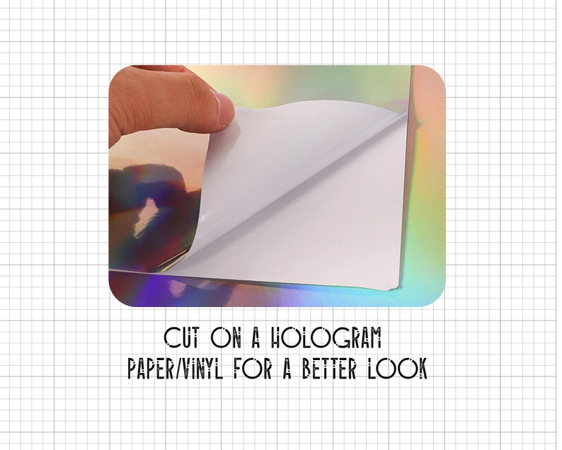 May include: A close-up of a holographic paper or vinyl sheet with a white backing. The backing is being peeled back to reveal the iridescent holographic surface. The text "CUT ON A HOLOGRAM PAPER/VINYL FOR A BETTER LOOK" is printed below the image.