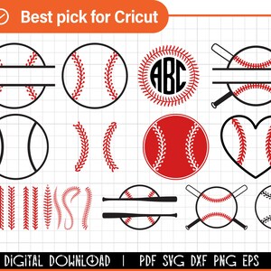 Op de afbeelding: Een set van 10 baseball-thema SVG-snijbestanden voor Cricut. De ontwerpen omvatten een honkbal met stiksels, een honkbal met een hart, een honkbal met een monogram en een honkbal met een gesplitste naam. De ontwerpen zijn perfect voor het maken van gepersonaliseerde geschenken, woonaccessoires en meer.