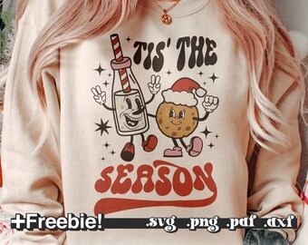 Retro Tis het seizoen Svg Png Kerst Vintage Svg Png, Peperkoek Svg, Retro Kerst Png, Kerst shirt svg, Kerst woorden svg