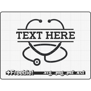 May include: Black and white digital download of a stethoscope in the shape of a heart with the text "TEXT HERE" across the middle.  The text is in a bold, sans-serif font.  The download includes .svg, .png, .pdf, and .dxf files.