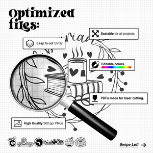 May include: A black and white illustration of a mug with steam coming from it, a book, and a leafy branch. The image is surrounded by a wreath of leaves and berries. The text "Optimized files" is at the top of the image. The text "Scalable for all projects", "Editable colors", and "PDFs made for laser cutting" are in boxes below the image. The text "Easy to cut SVGs", "High Quality 300 ppi PNGs", "glowforge", "ScanNCut", "Sure Cuts A Lot", and "Make the Cut" are below the image.