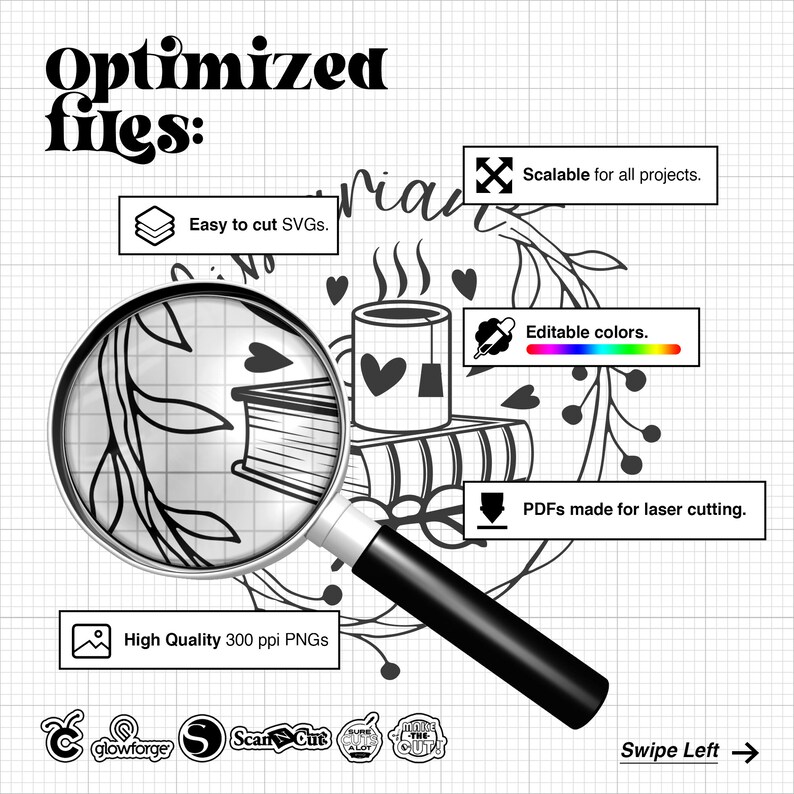 May include: A black and white illustration of a mug with steam coming from it, a book, and a leafy branch. The image is surrounded by a wreath of leaves and berries. The text "Optimized files" is at the top of the image. The text "Scalable for all projects", "Editable colors", and "PDFs made for laser cutting" are in boxes below the image. The text "Easy to cut SVGs", "High Quality 300 ppi PNGs", "glowforge", "ScanNCut", "Sure Cuts A Lot", and "Make the Cut" are below the image.