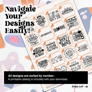 May include: A printable catalog of 40 book lover designs. The designs are organized in a grid with each design in a square. The designs feature a variety of book-themed phrases and illustrations. The designs are in black and white.