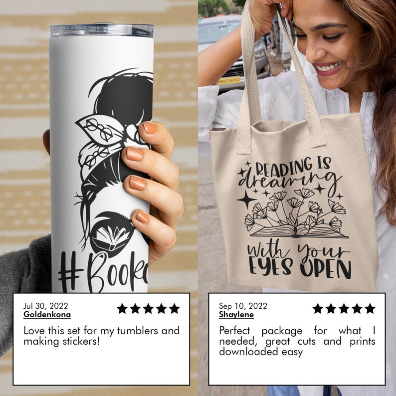 May include: A white tumbler with a black and white illustration of a woman with a book and the text "#Book" on the bottom. A white tote bag with black text that reads "Reading is dreaming with your eyes open".