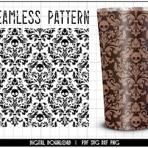 Skull Damask Seamless Tumbler Pattern SVG, Tooled leather SVG, Baroque, Victorian, tool, Gothic Design Download cut file Cricut Silhouette