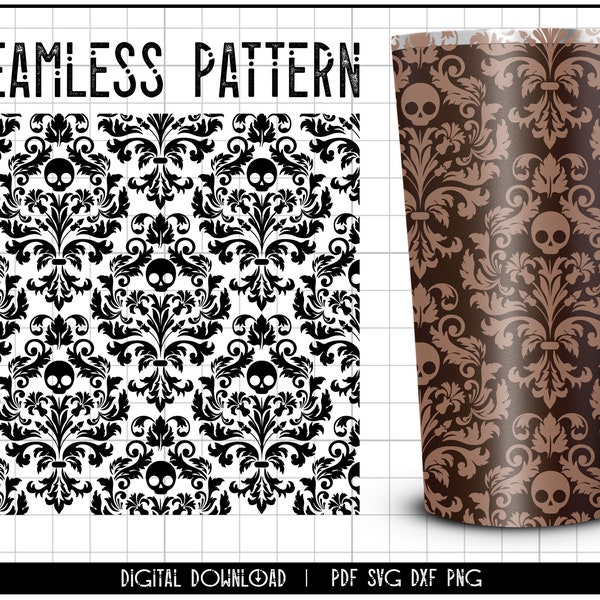 Skull Damask Seamless Tumbler Pattern SVG, Cuir outillé SVG, Baroque, Victorien, outil, Design gothique Télécharger le fichier coupé Cricut Silhouette