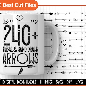 Puede incluir: Una taza blanca con un diseño negro que dice "240+ Tribal & Hand Drawn Arrows". La taza está sobre un fondo blanco con un patrón de cuadrícula. Hay 24 diseños de flechas diferentes en negro en el lado derecho de la imagen.