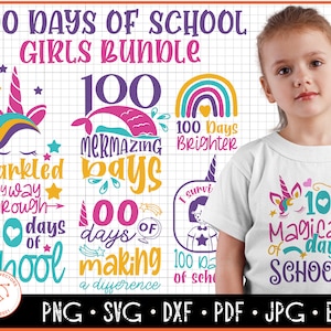 Könnte beinhalten: Ein digitales Design-Paket für 100 Tage Schule mit einem Einhorn, einer Meerjungfrau, einem Regenbogen und anderen Designs. Die Designs beinhalten Texte wie "100 Tage Schule", "Ich habe meinen Weg durchgefunkelt", "Meerjungfrauentage", "100 Tage heller", "100 Tage, um etwas zu bewirken", "Ich habe 100 Tage Schule überlebt" und "100 magische Tage Schule".
