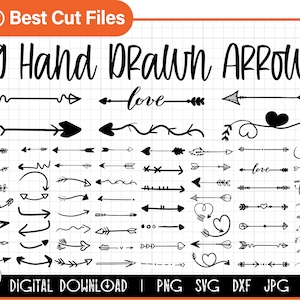 Puede incluir: Una descarga digital de 89 flechas dibujadas a mano en negro. Las flechas son de varios estilos, incluyendo rectas, curvas y con plumas. El texto "89 Hand Drawn Arrows" está en la parte superior de la imagen. El texto "Digital Download | PNG SVG DXF JPG EPS" está en la parte inferior de la imagen.