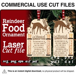 May include: A digital download for a laser cut file of a reindeer food ornament. The ornament features a reindeer with a test tube filled with colorful sprinkles. The text on the ornament reads "Magical Reindeer Food On Christmas Eve, as the stars twinkle, give this food a little sprinkle. This magical food will light the way for the reindeer to guide Santa's sleigh."